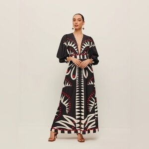 NEW Commense Boho Print V-Neck Maxi Dress Red Black Balloon Puff Sleeve, Small